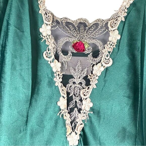 Vintage California Dynasty Emerald Green Satin Embroidery Slip Mini Dress Medium - Picture 3 of 8